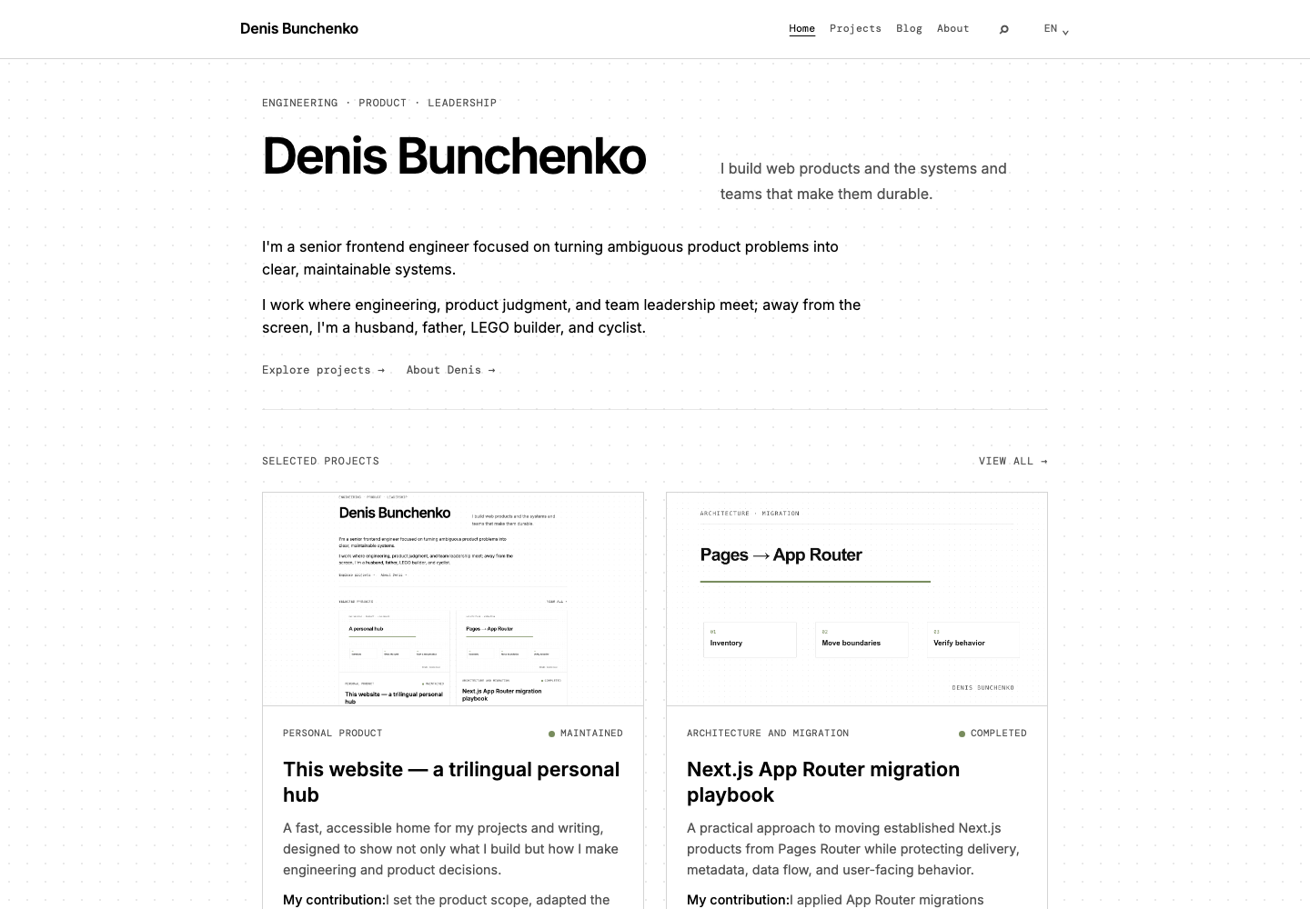 Homepage of Denis Bunchenko's personal hub on a desktop screen